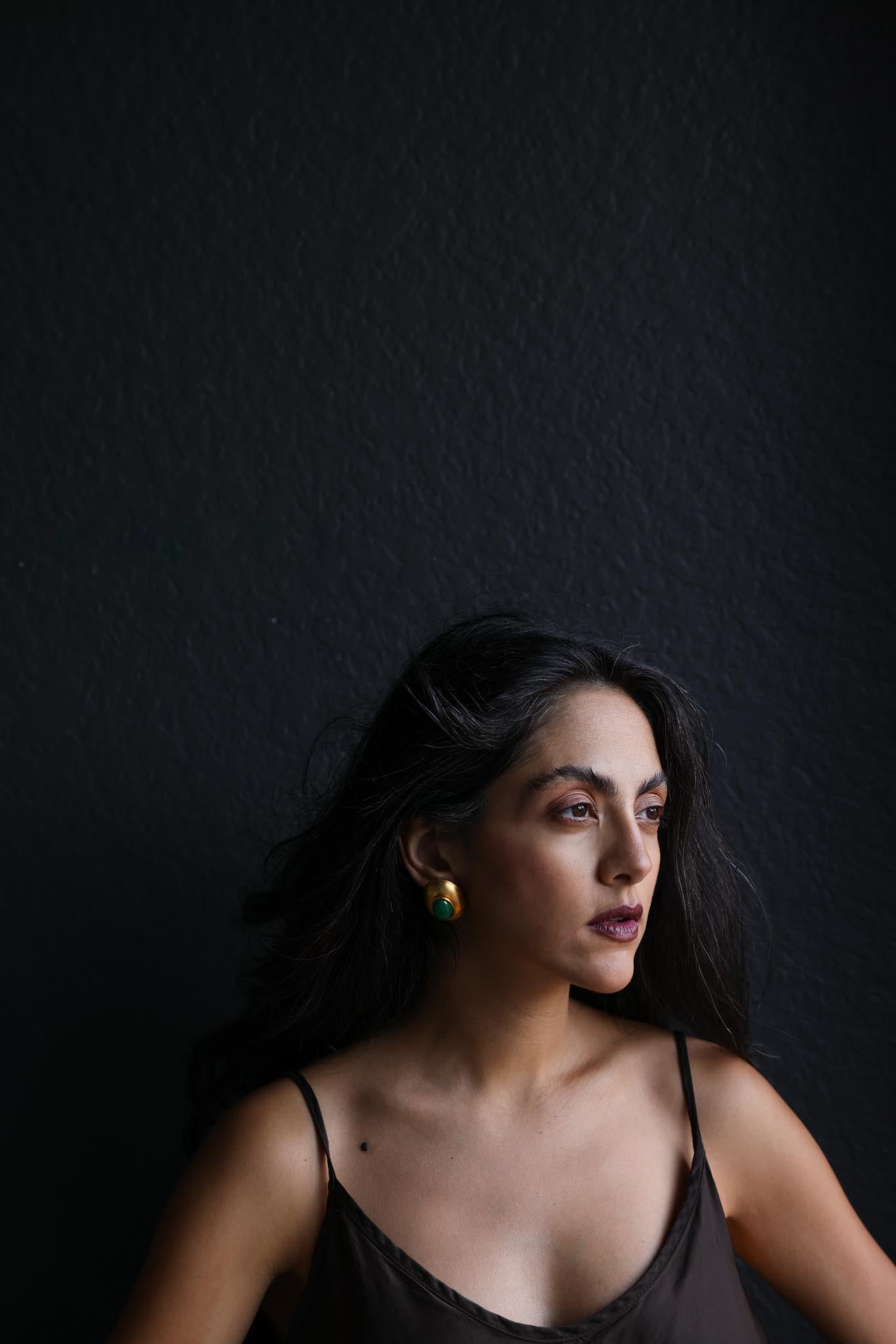 Matte Gold Oval Earrings with Green Cabochon Centers
