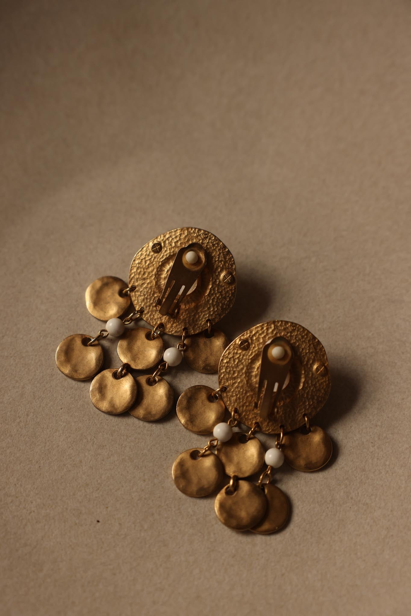 Matte Gold Dangle Earrings with White Cabochon
