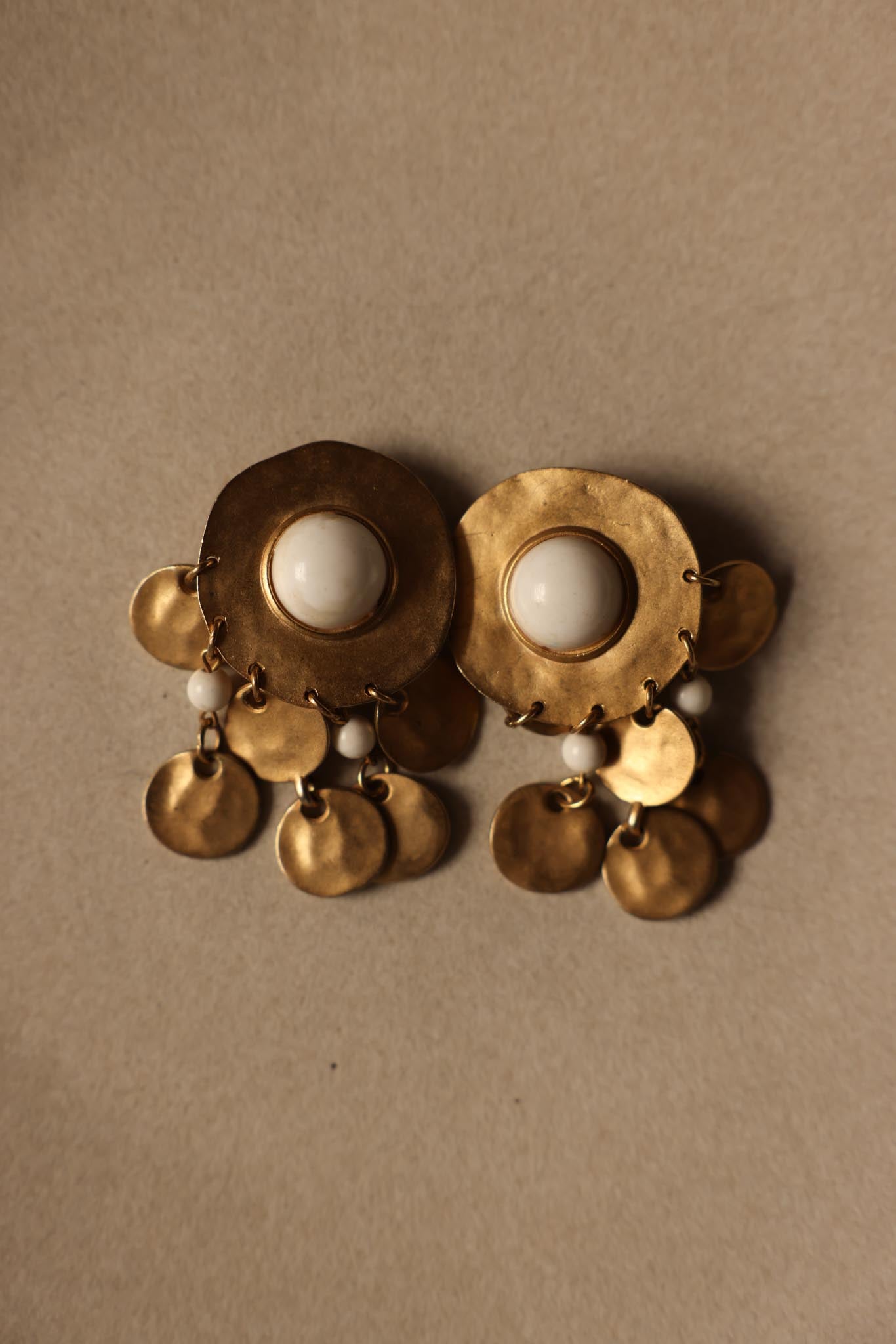 Matte Gold Dangle Earrings with White Cabochon