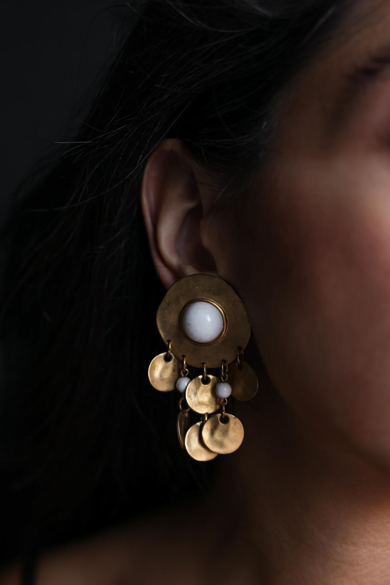 Matte Gold Dangle Earrings with White Cabochon