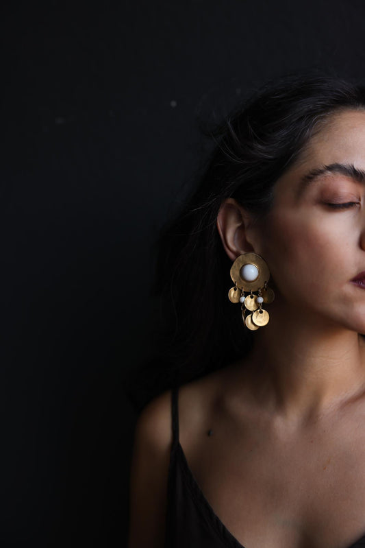 Matte Gold Dangle Earrings with White Cabochon