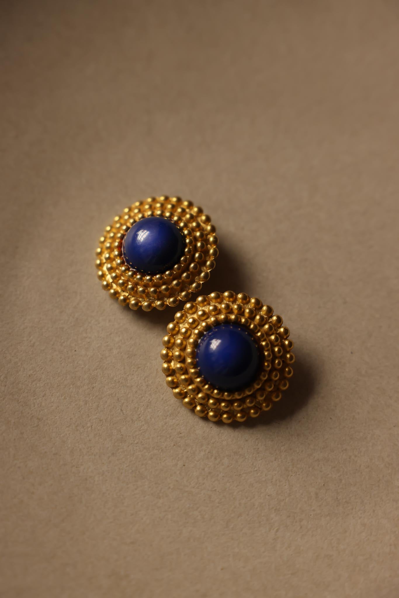 Matte Gold Beaded Earrings with Blue Cabochon Centers