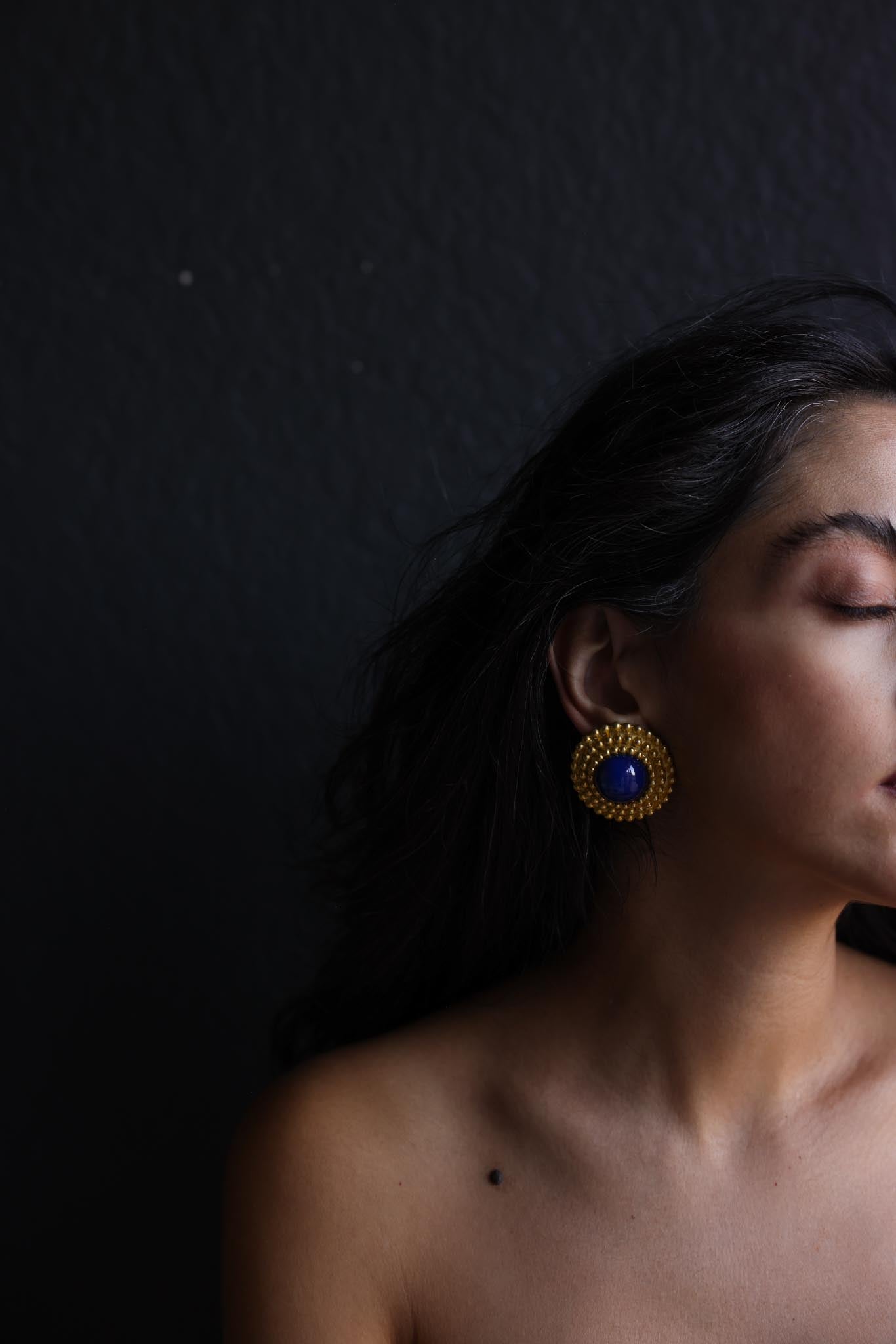 Matte Gold Beaded Earrings with Blue Cabochon Centers