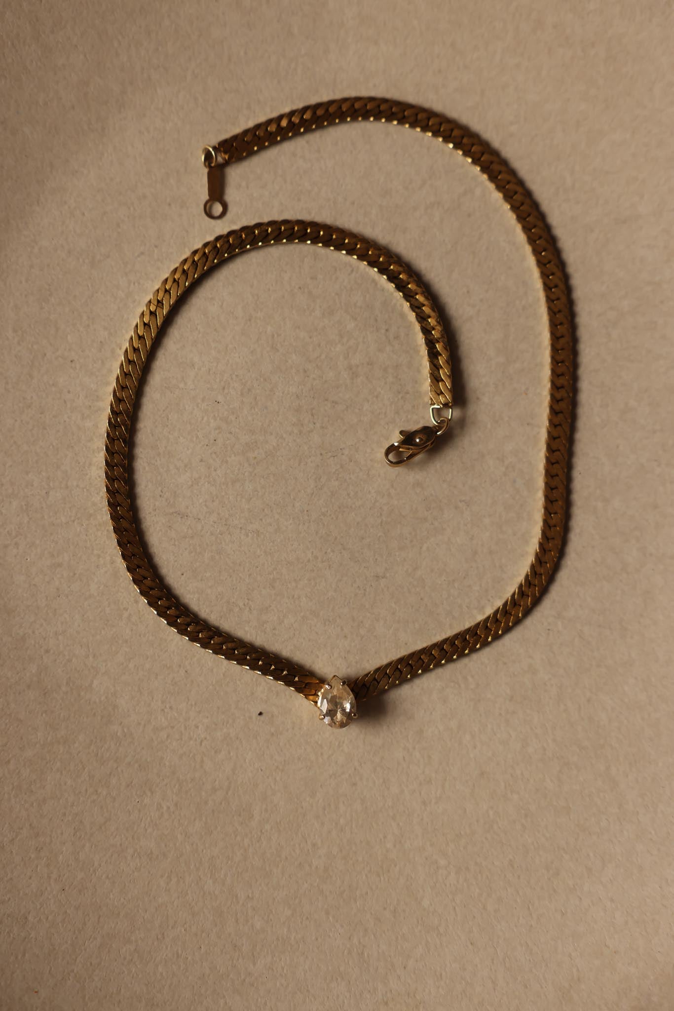 Gold-Plated Chain Necklace with Clear Teardrop Rhinestone