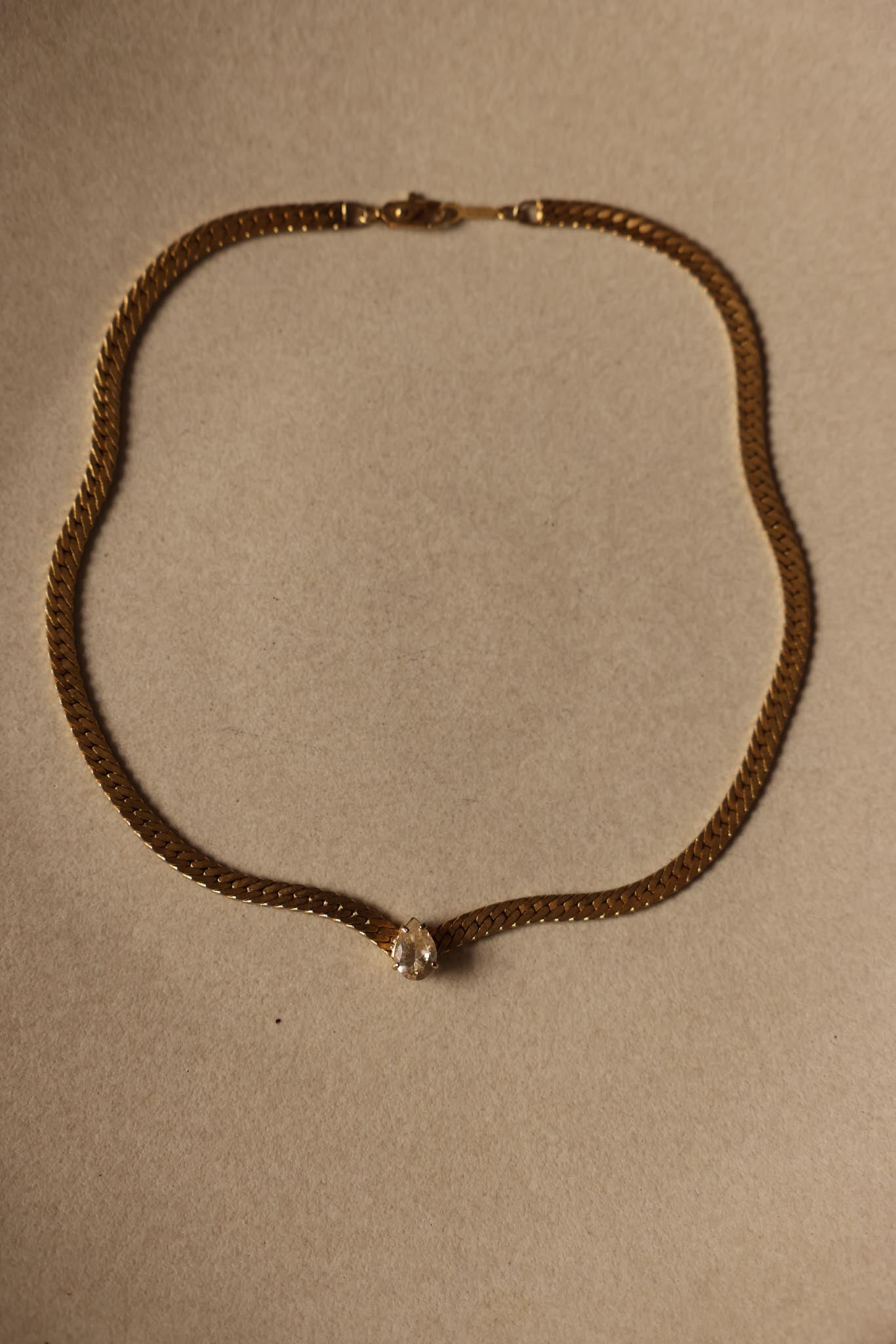Gold-Plated Chain Necklace with Clear Teardrop Rhinestone