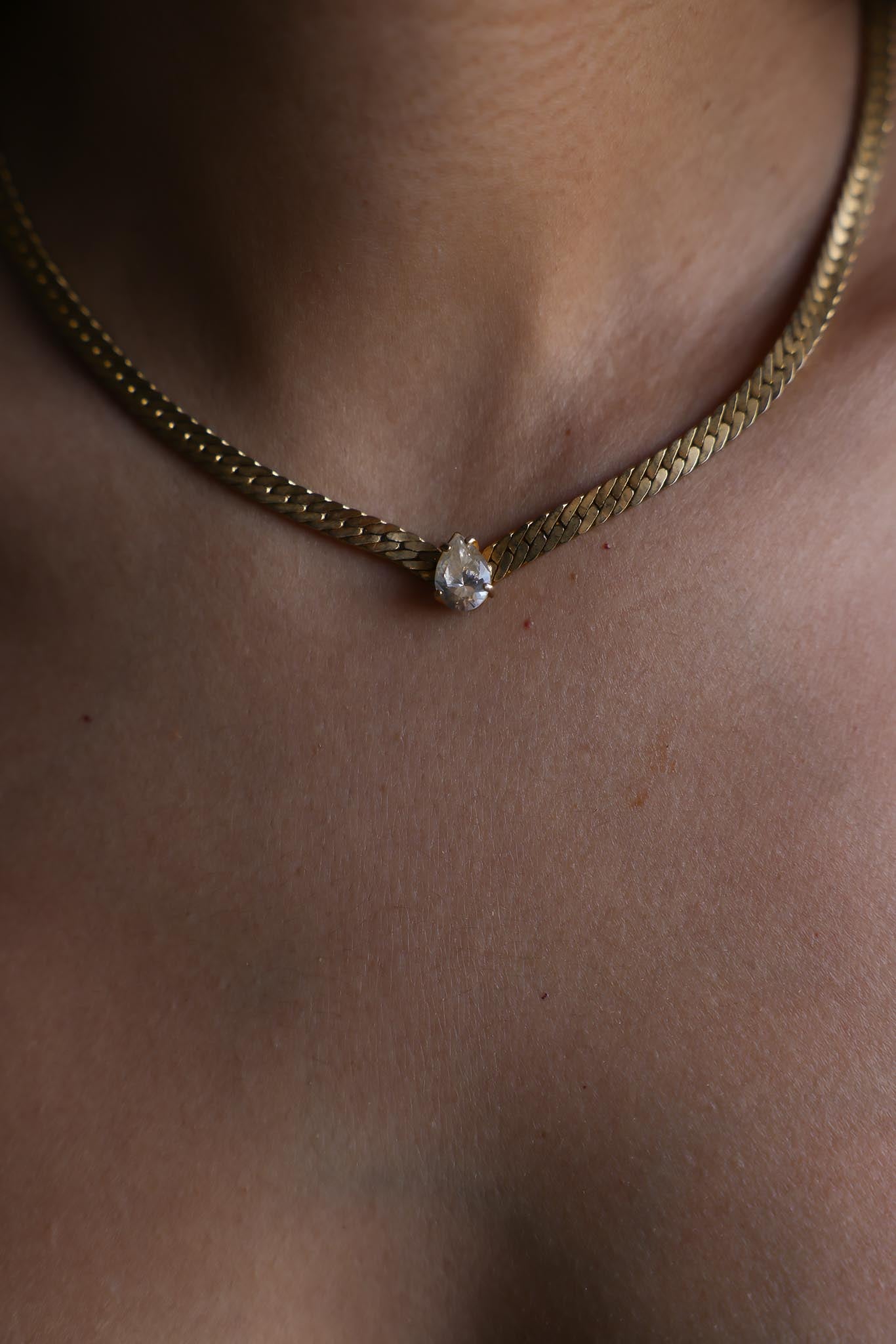 Gold-Plated Chain Necklace with Clear Teardrop Rhinestone