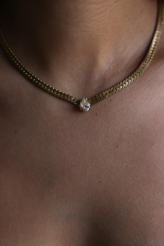 Gold-Plated Chain Necklace with Clear Teardrop Rhinestone