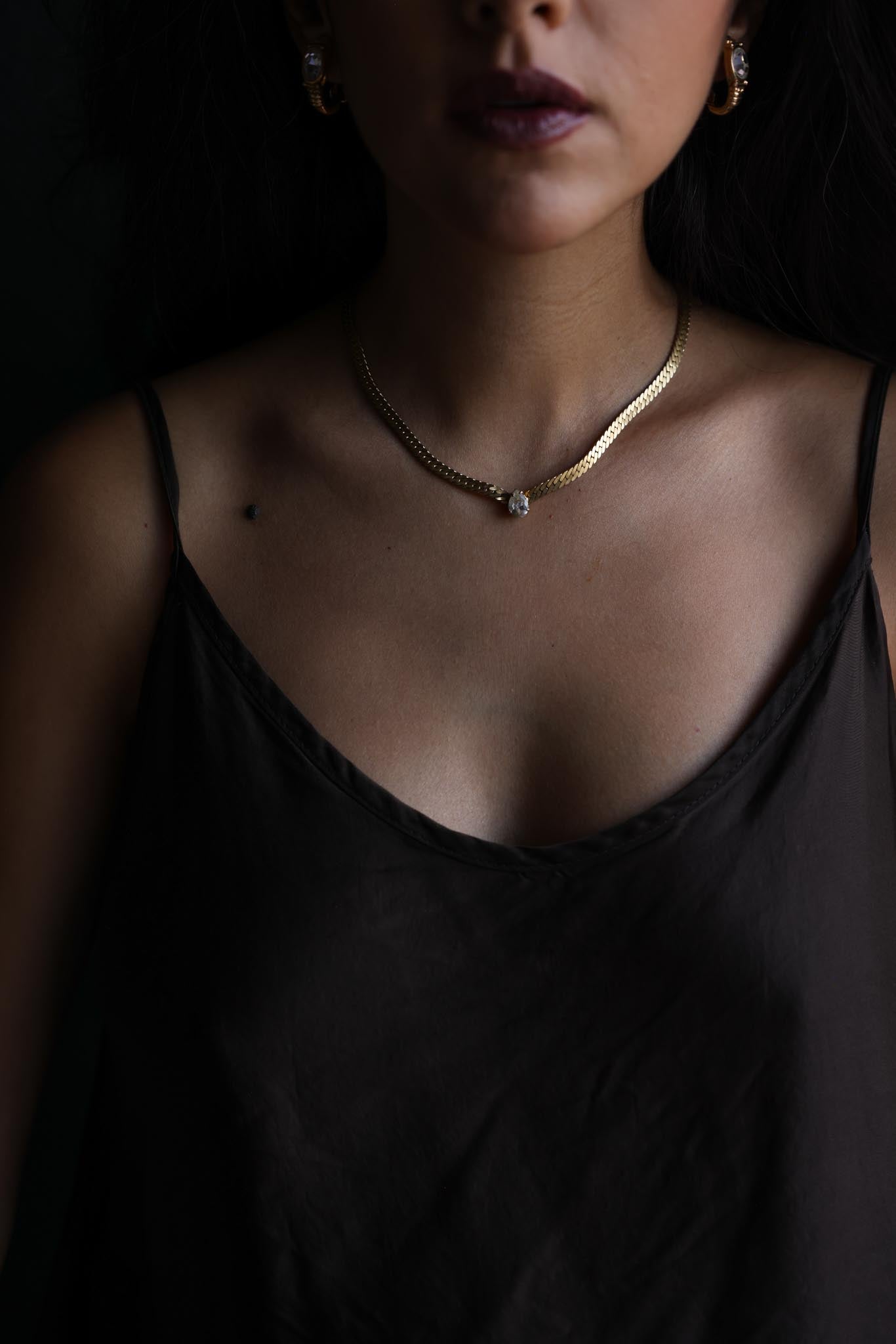 Gold-Plated Chain Necklace with Clear Teardrop Rhinestone