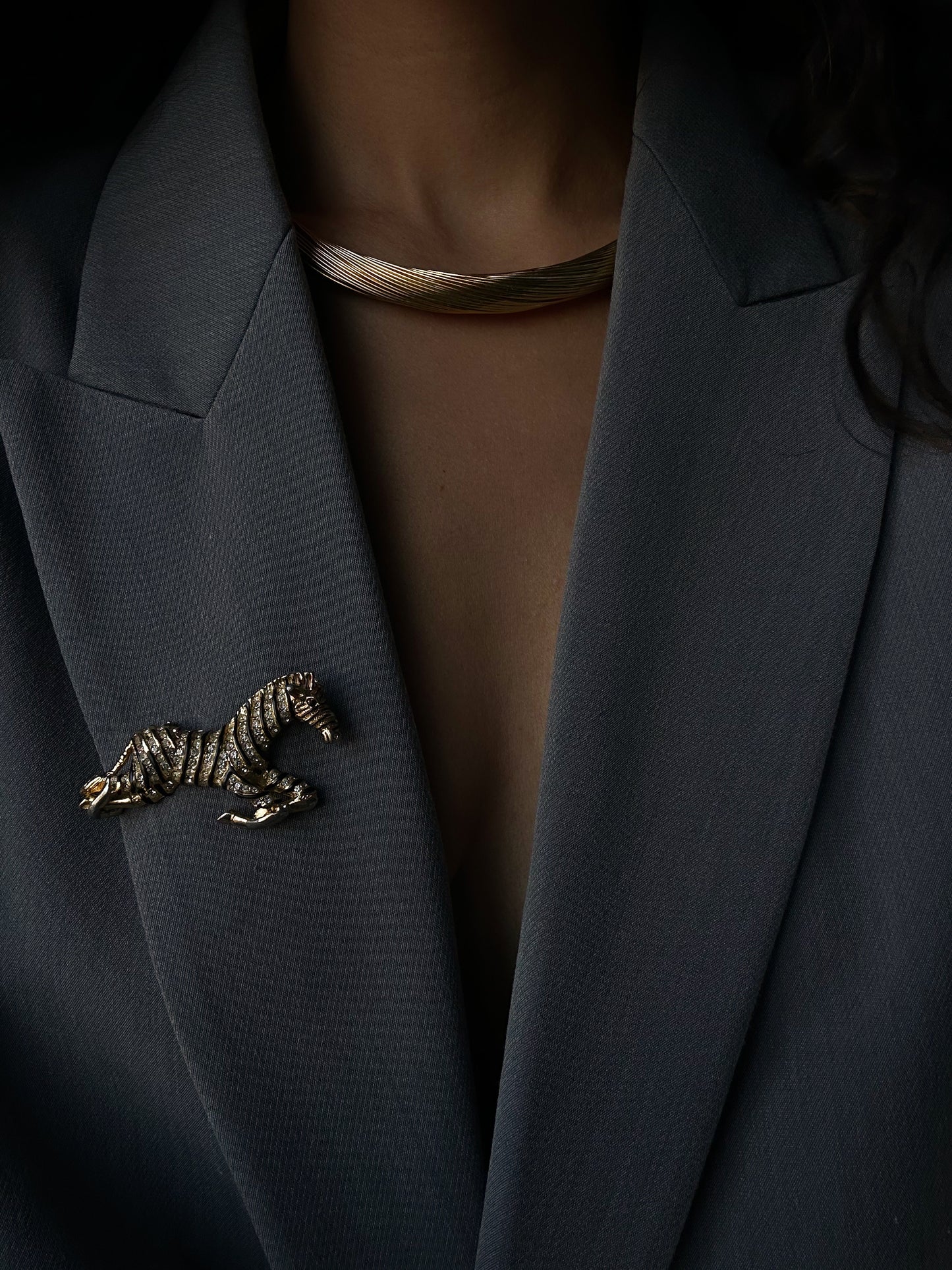 Gold Tone Clear Rhinestone Zebra Brooch|Vintage Baazaar 
