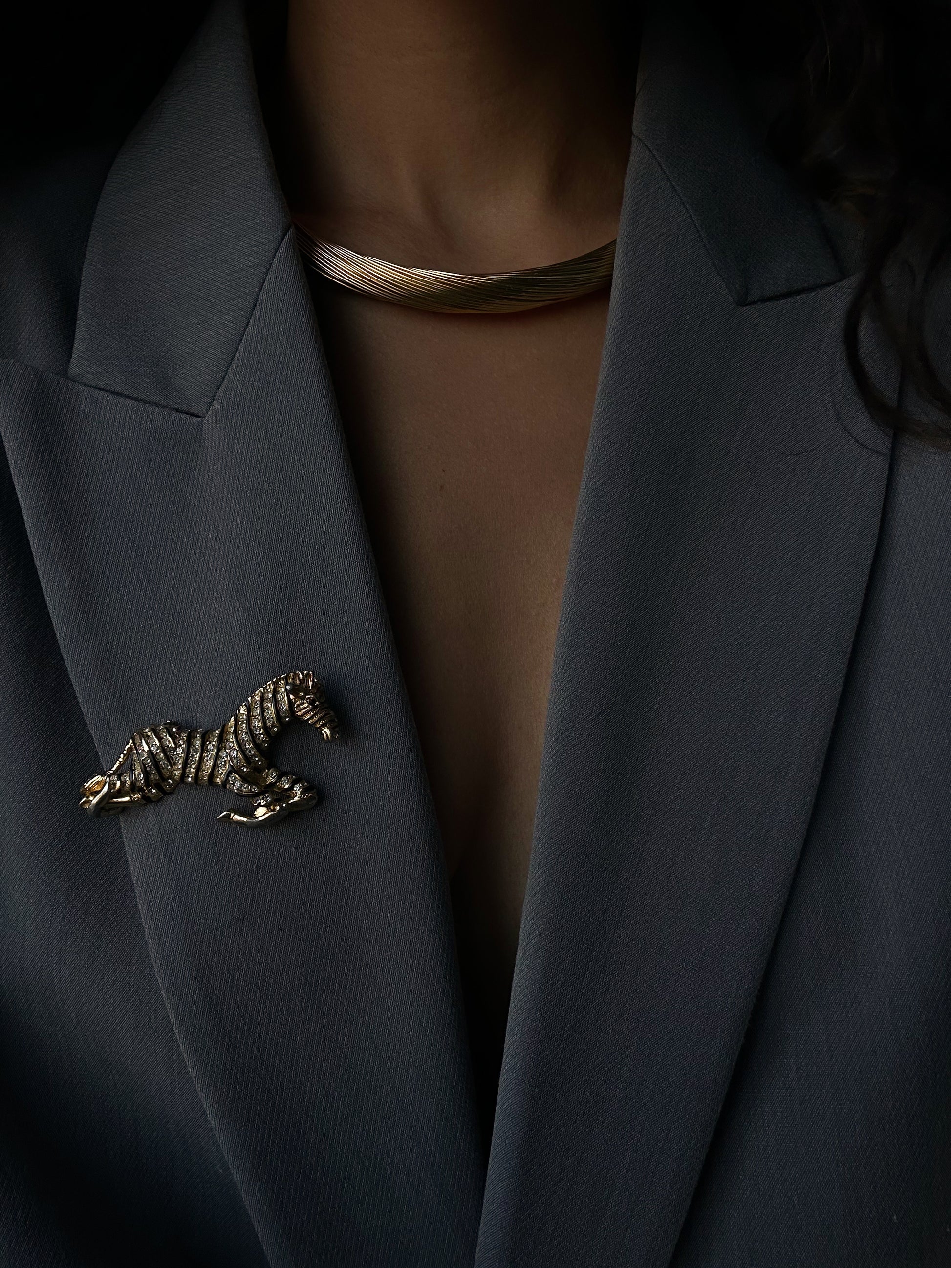Gold Tone Clear Rhinestone Zebra Brooch|Vintage Baazaar 