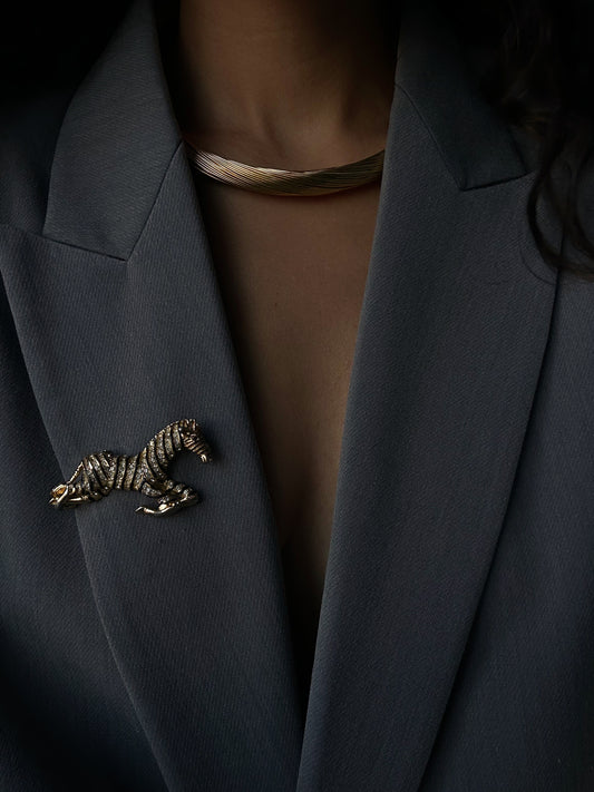 Gold Tone Clear Rhinestone Zebra Brooch|Vintage Baazaar 