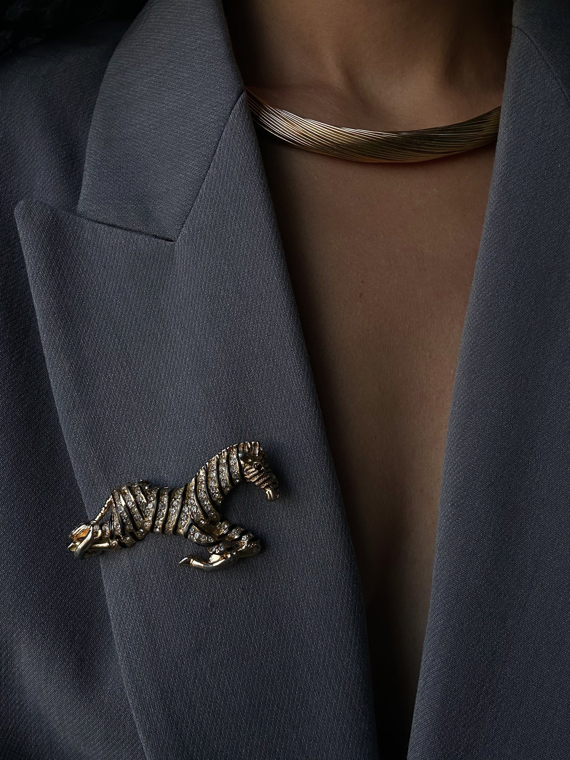 Gold Tone Clear Rhinestone Zebra Brooch|Vintage Baazaar 