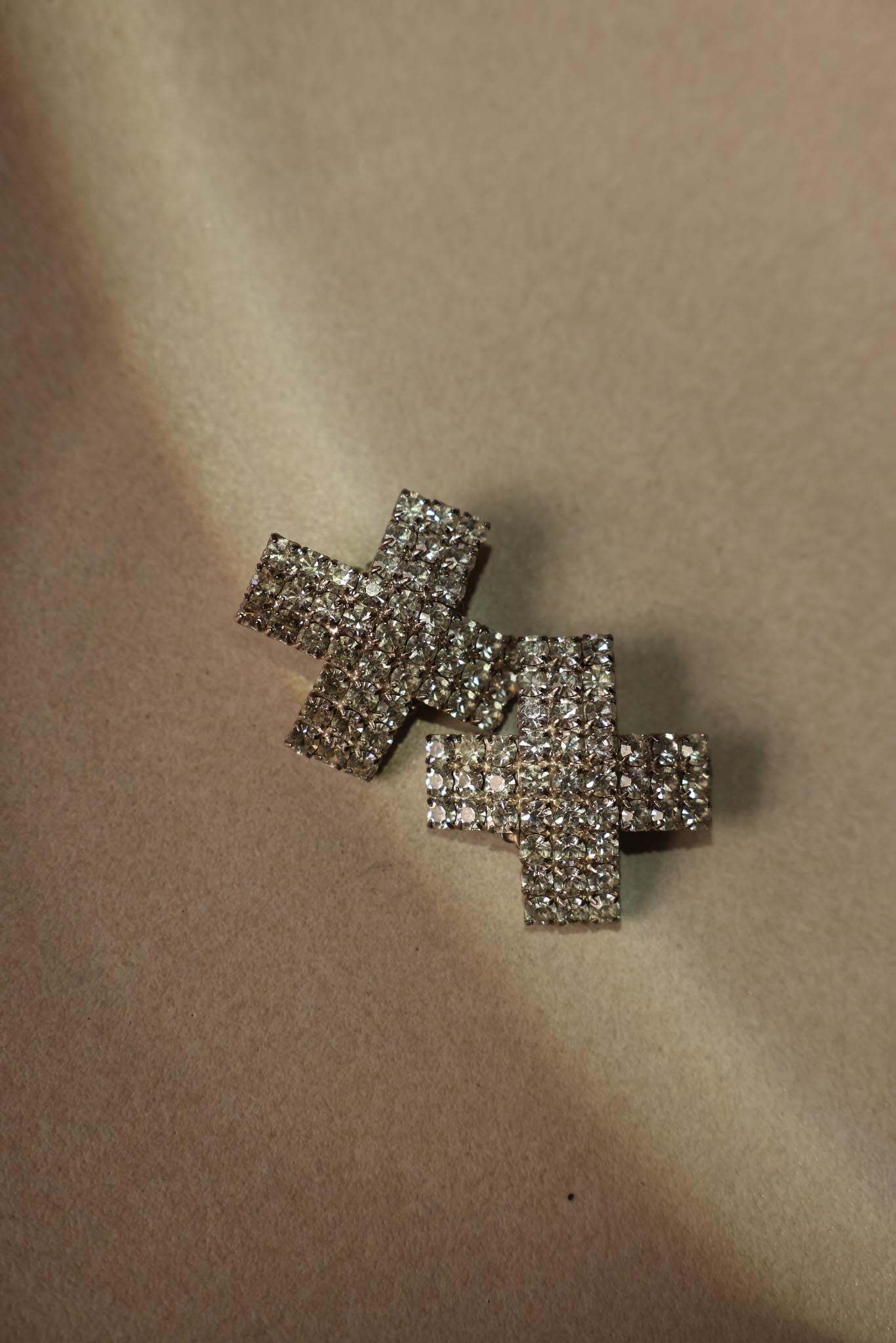 Silver Rhinestone Cross Clip-On Earrings