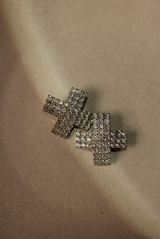 Silver Rhinestone Cross Clip-On Earrings
