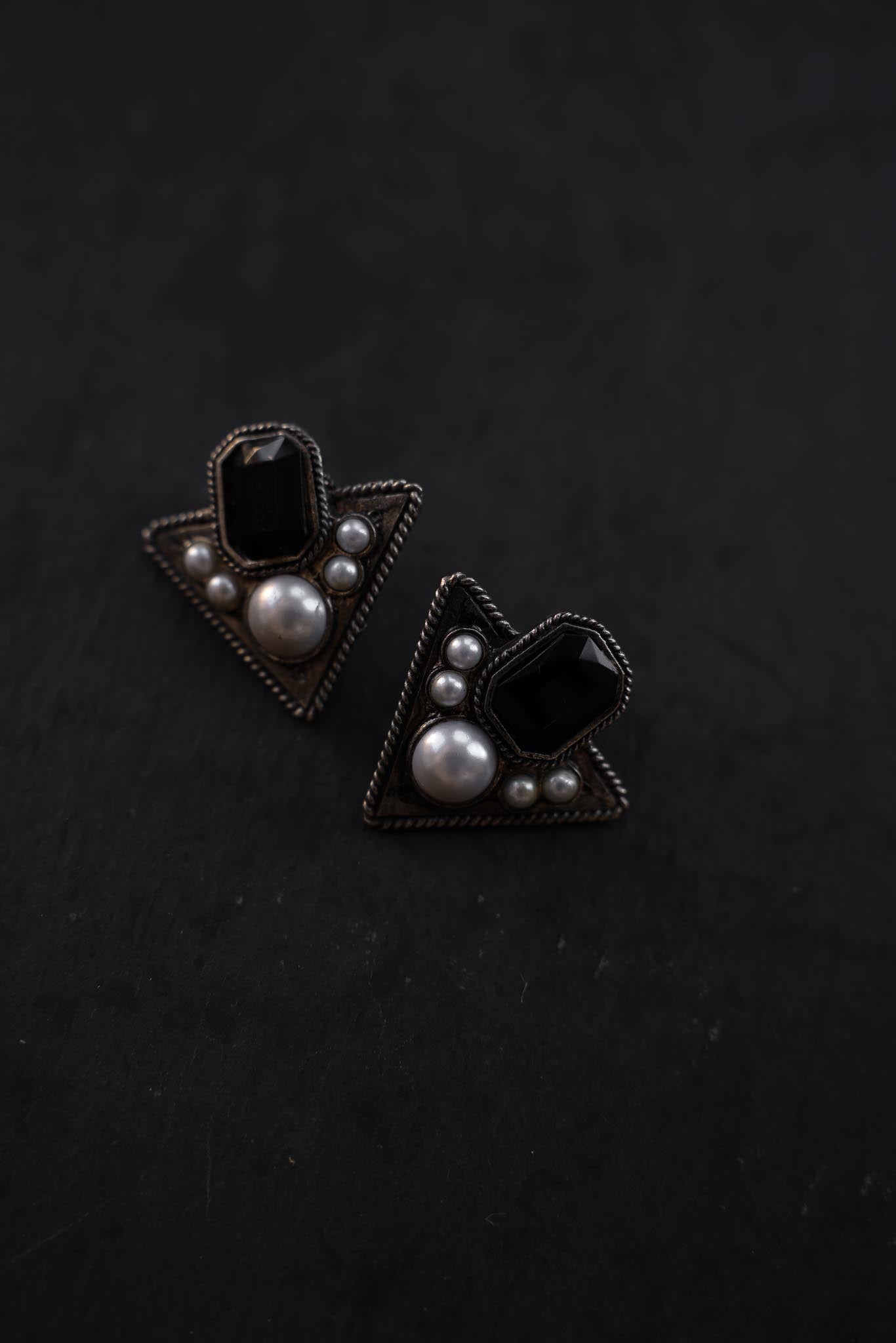 Silver-Tone Black accent and Faux Pearl Triangle Earrings|Vintage Baazaar 