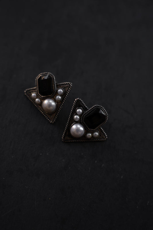 Silver-Tone Black accent and Faux Pearl Triangle Earrings|Vintage Baazaar 