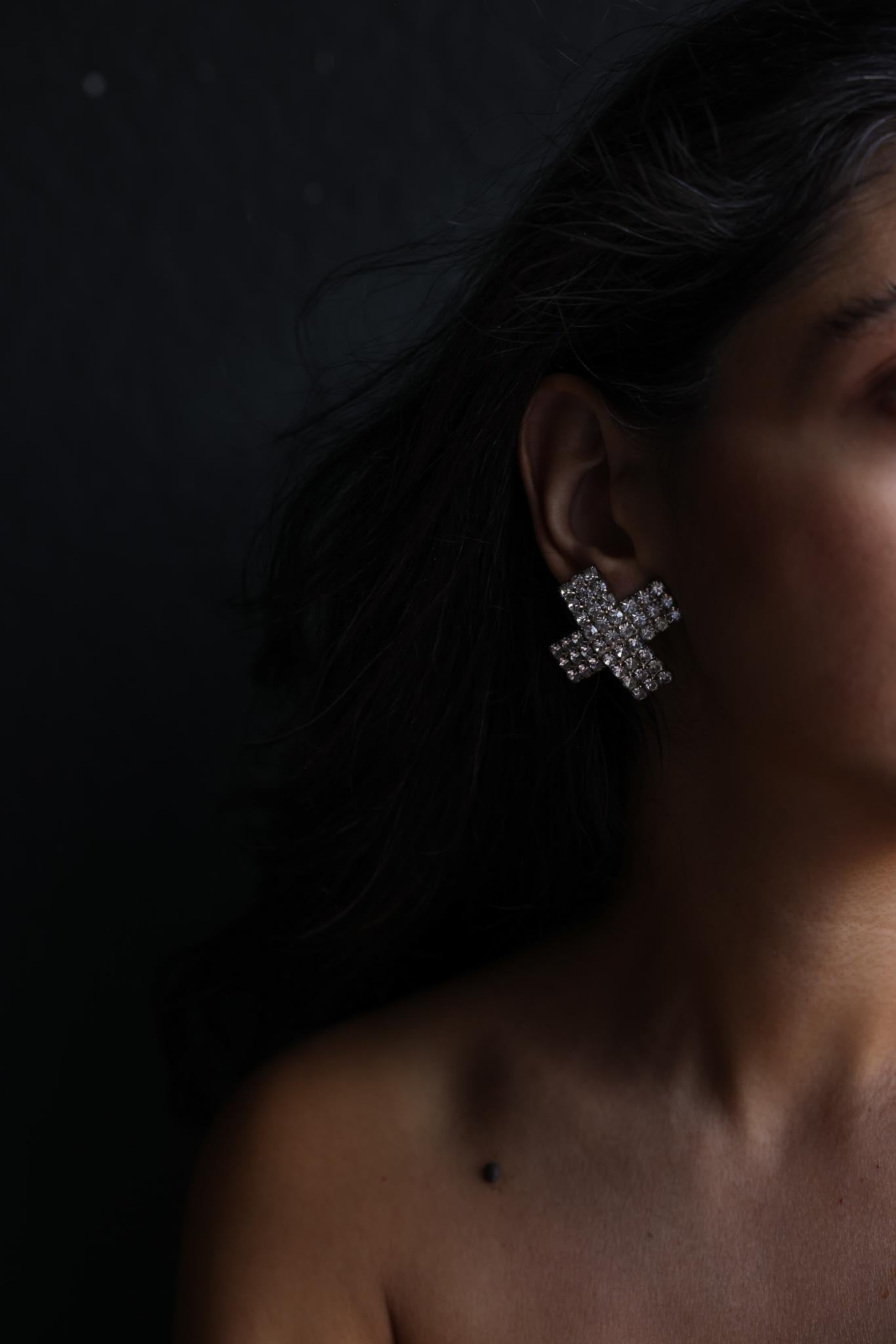 Silver Rhinestone Cross Clip-On Earrings