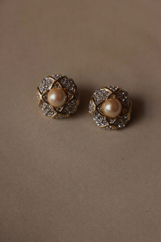 Nordstrom Gold-Toned Clip-On Earrings with Rhinestones and Faux Pearl|Vintage Baazaar 