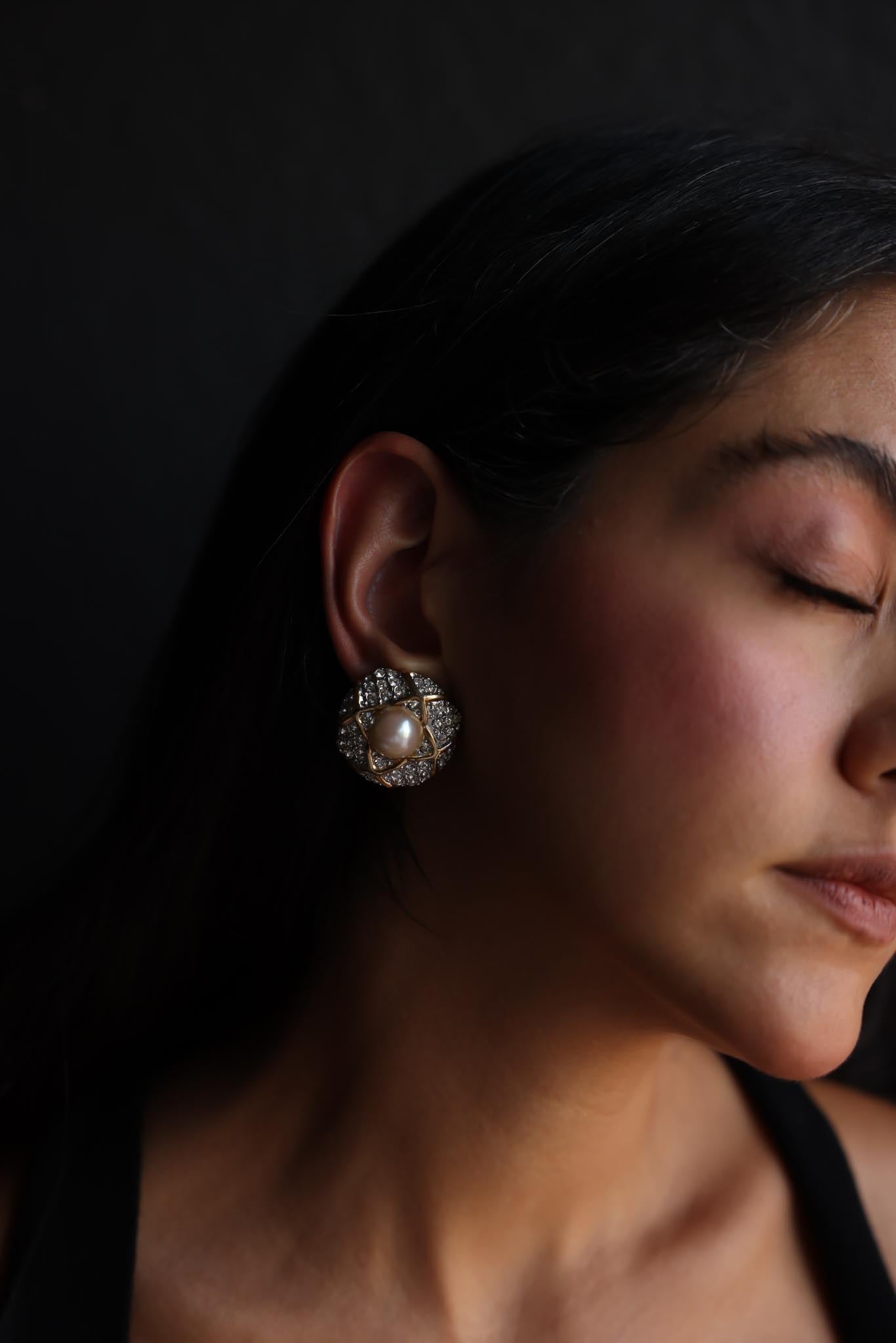 Nordstrom Gold-Toned Clip-On Earrings with Rhinestones and Faux Pearl|Vintage Baazaar 