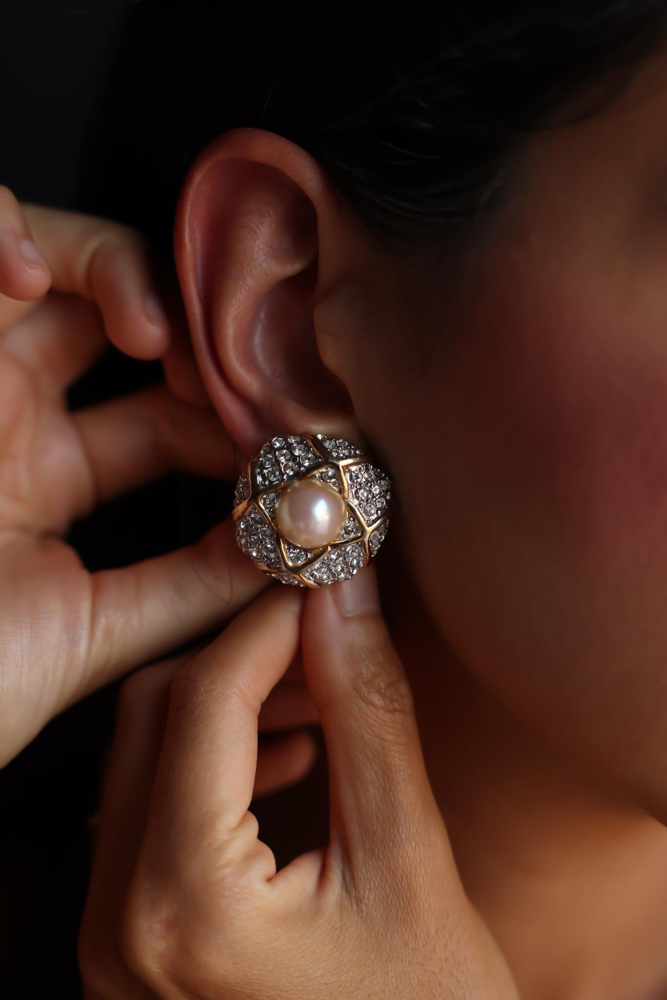 Nordstrom Gold-Toned Clip-On Earrings with Rhinestones and Faux Pearl|Vintage Baazaar 