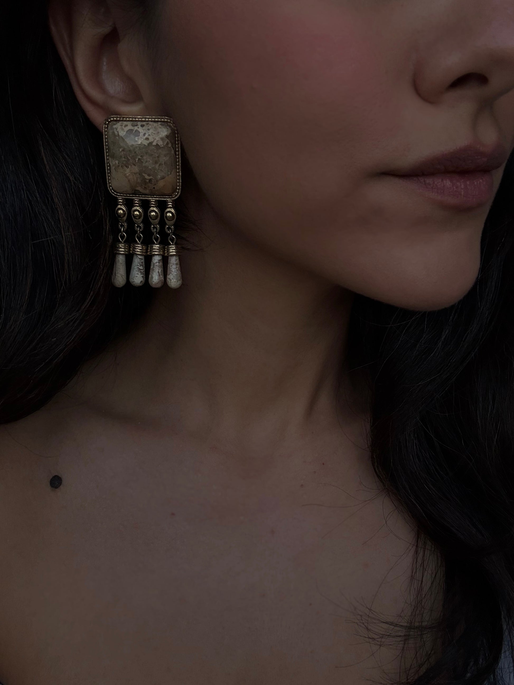 Statement Clip-On Earrings with Natural Stone Dangles|Vintage Baazaar 