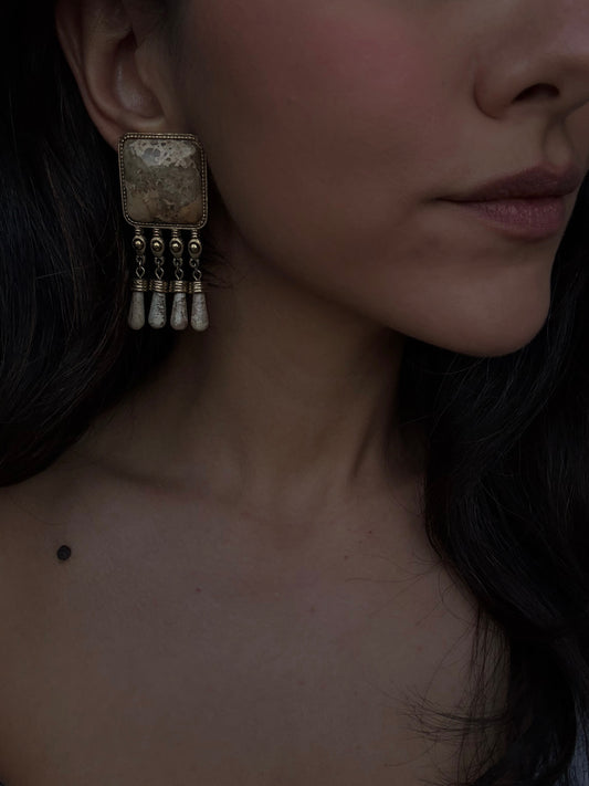 Statement Clip-On Earrings with Natural Stone Dangles|Vintage Baazaar 