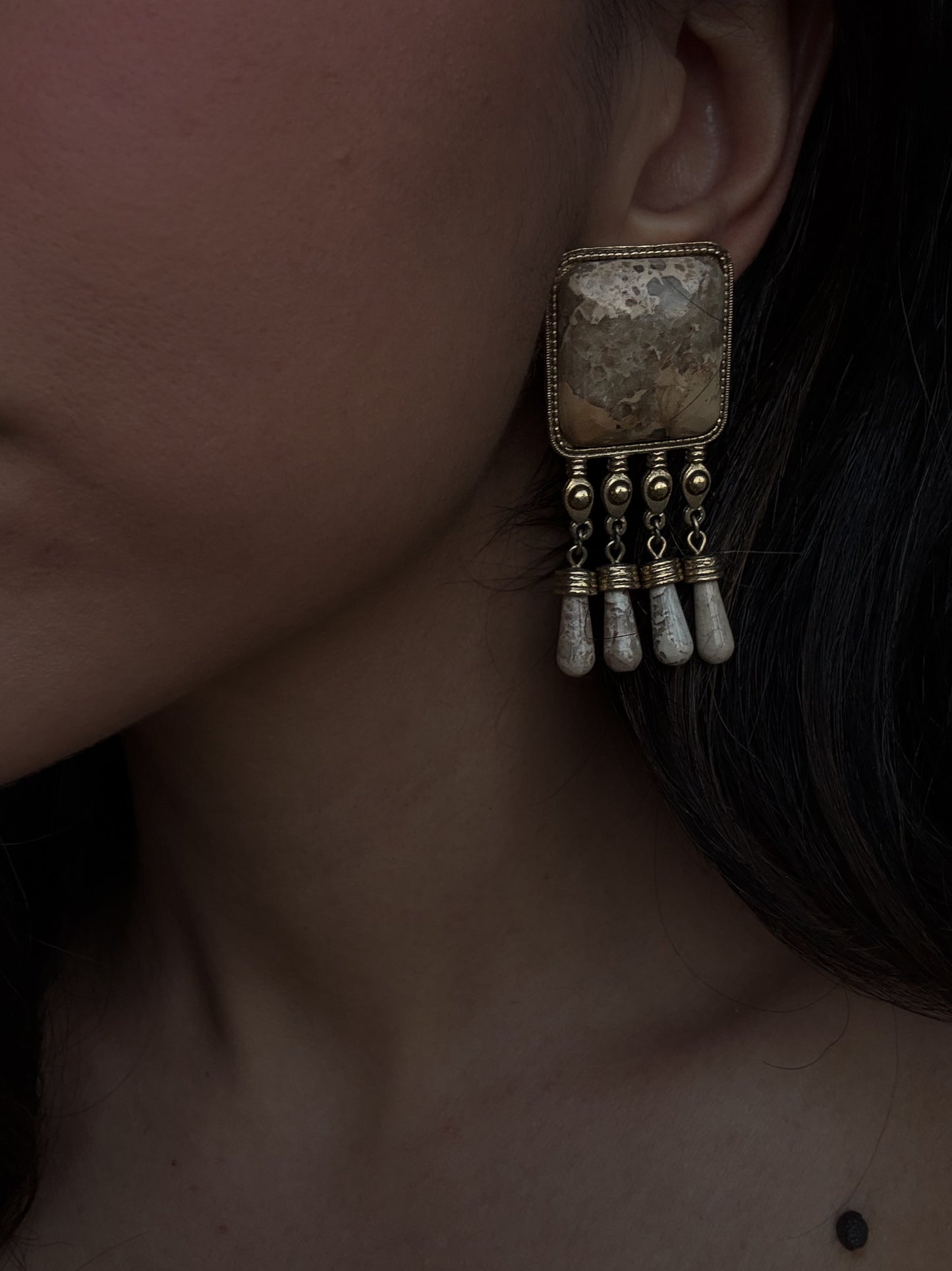 Statement Clip-On Earrings with Natural Stone Dangles|Vintage Baazaar 