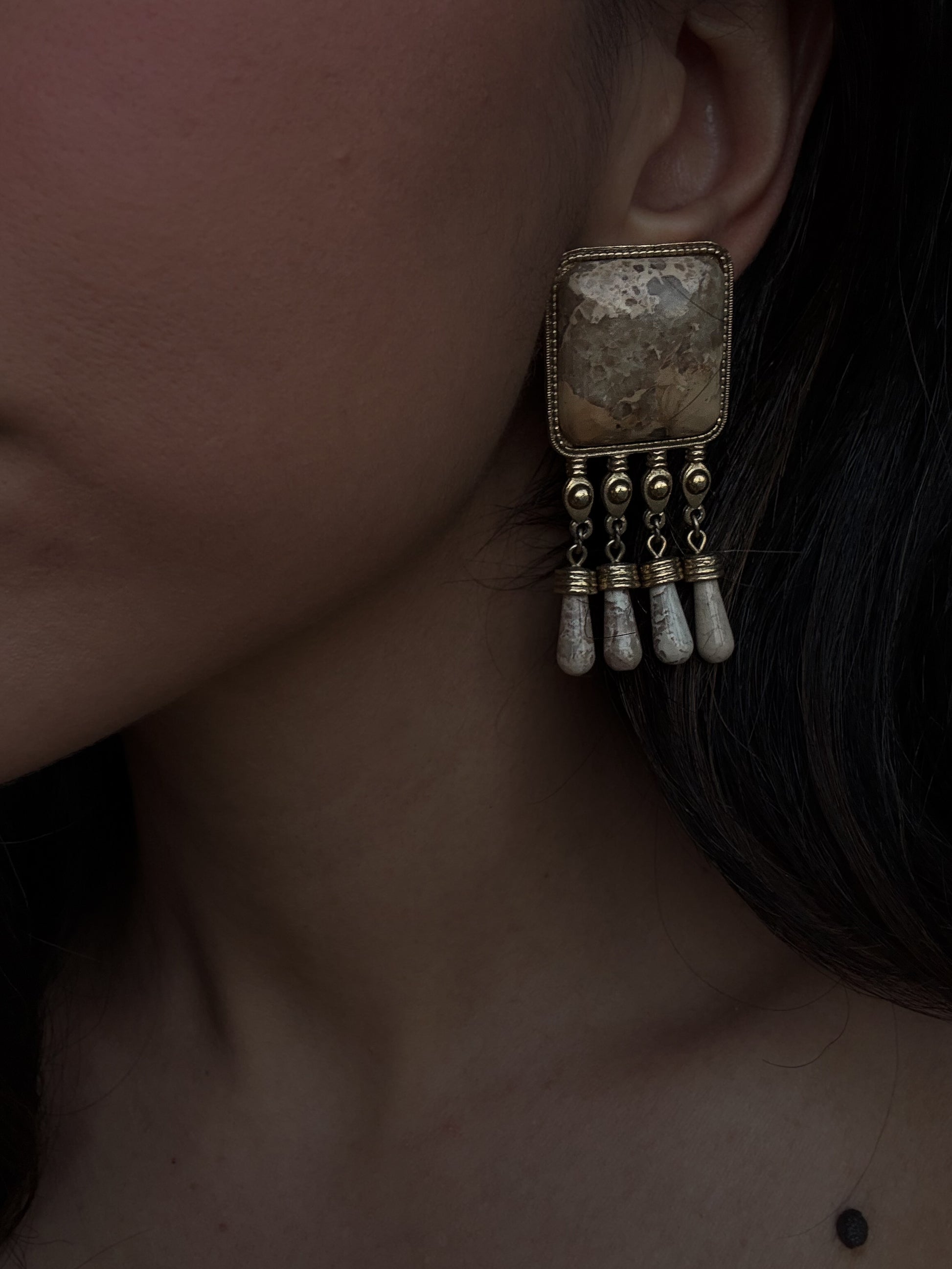 Statement Clip-On Earrings with Natural Stone Dangles|Vintage Baazaar 