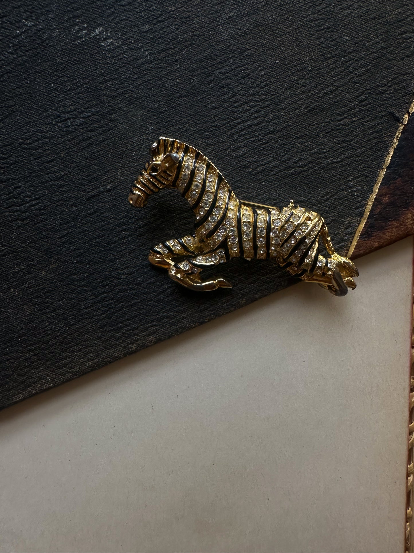 Gold Tone Clear Rhinestone Zebra Brooch|Vintage Baazaar 