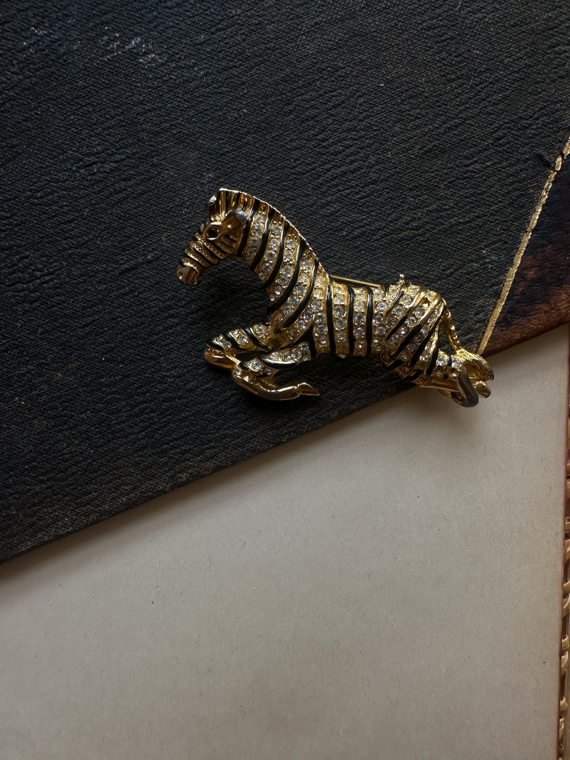 Gold Tone Clear Rhinestone Zebra Brooch|Vintage Baazaar 