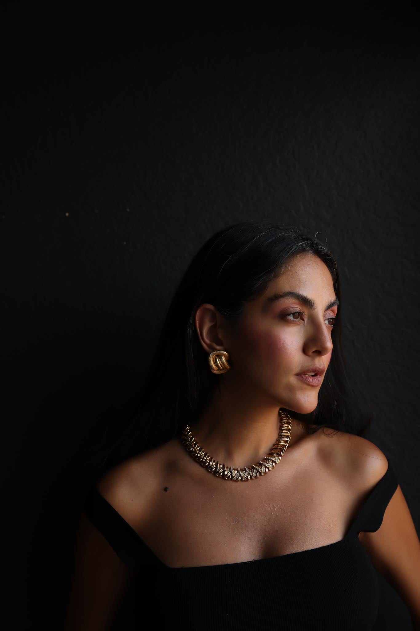 Gold-Tone Rhinestone Woven Necklace|Vintage Baazaar 