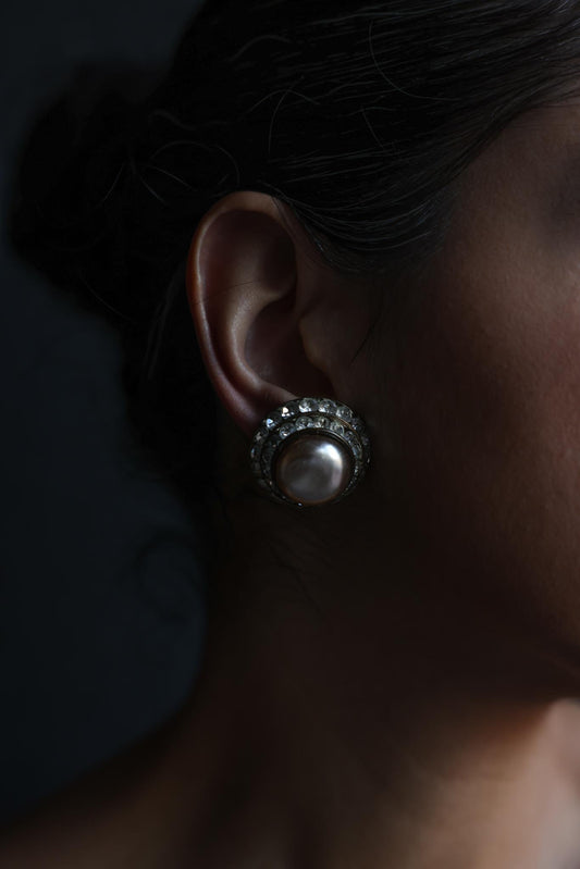 Rhinestone Halo Faux Pearl Clip-On Earrings