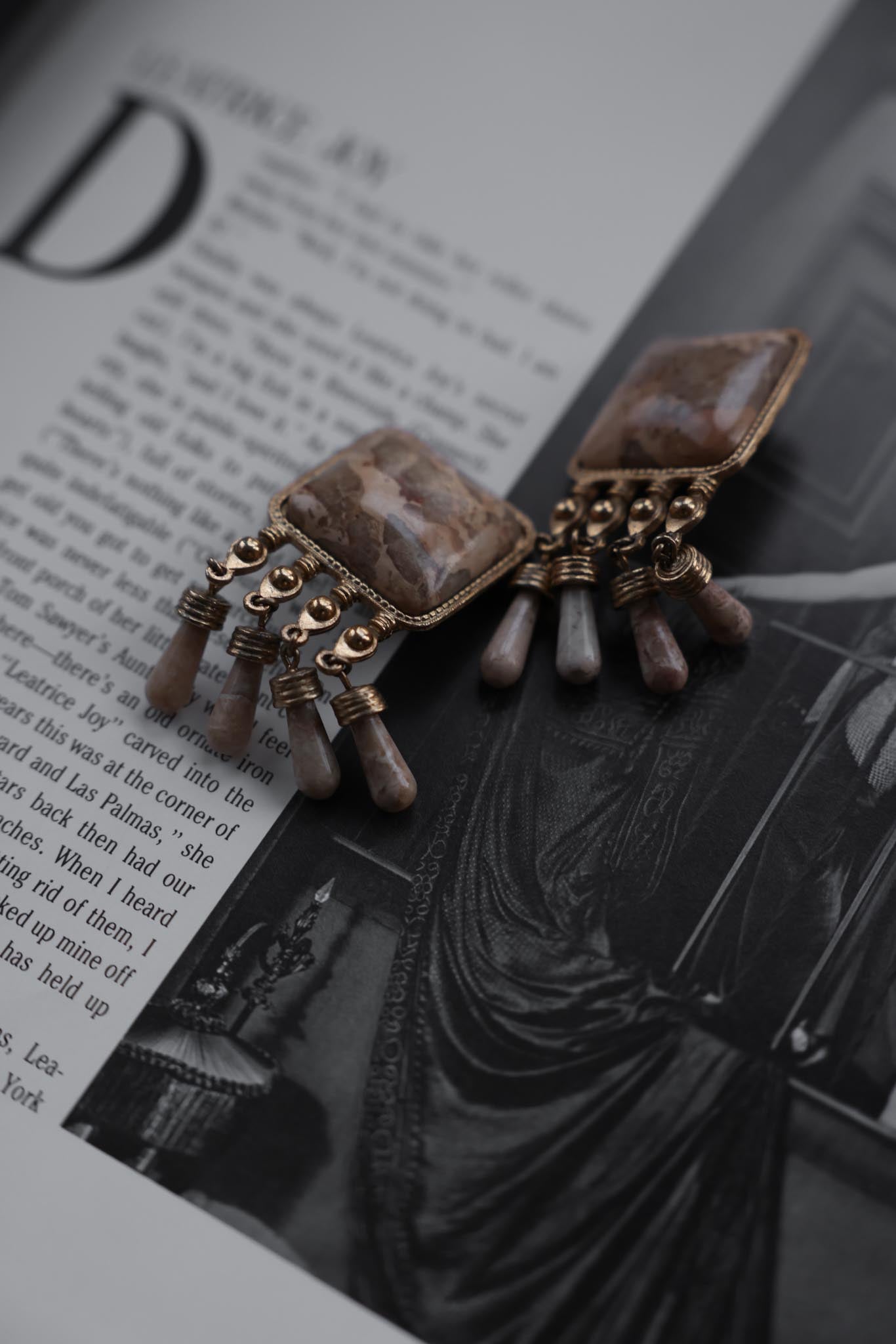 Statement Clip-On Earrings with Natural Stone Dangles|Vintage Baazaar 