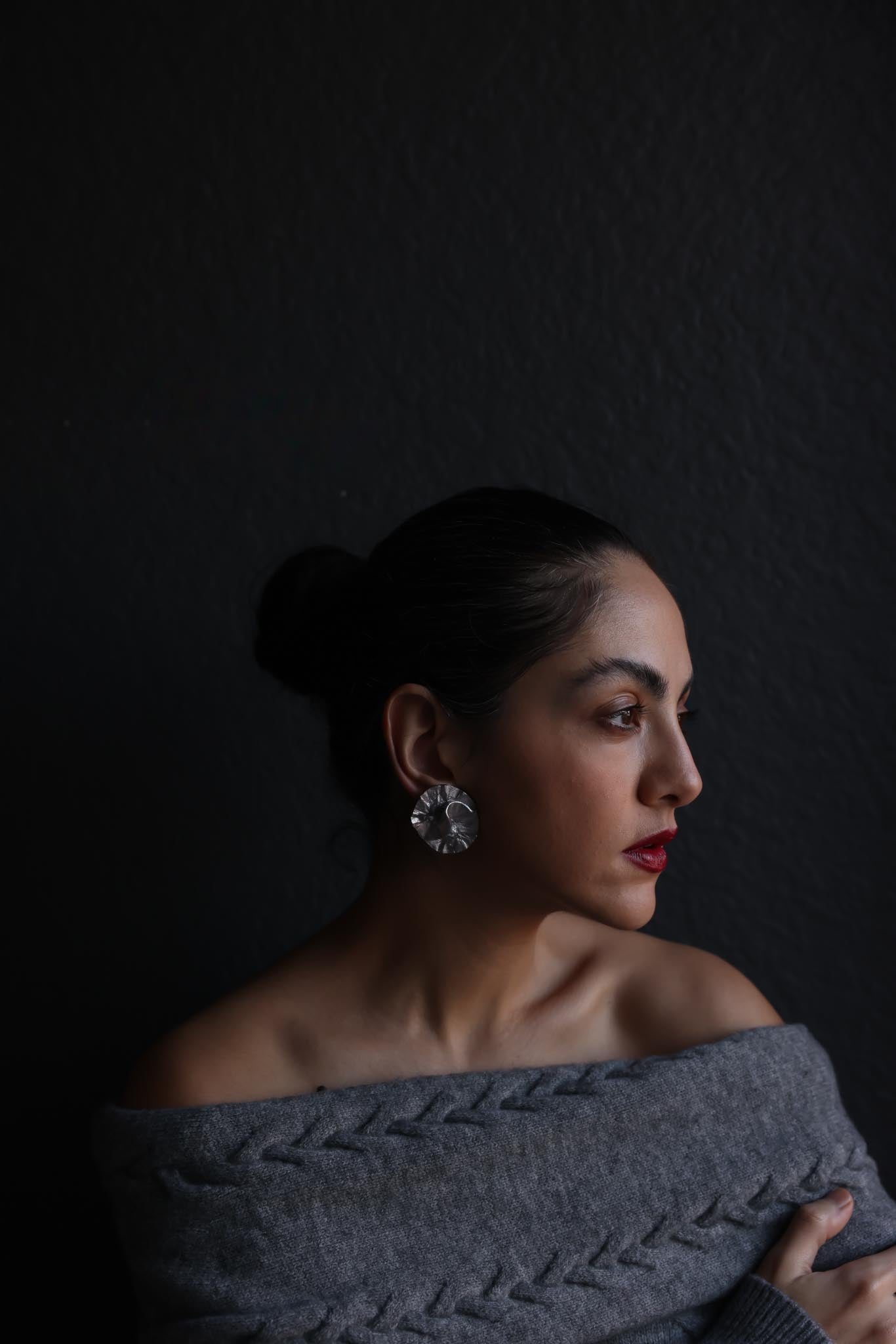 Melted Disc Silvertone Clip-On Earrings