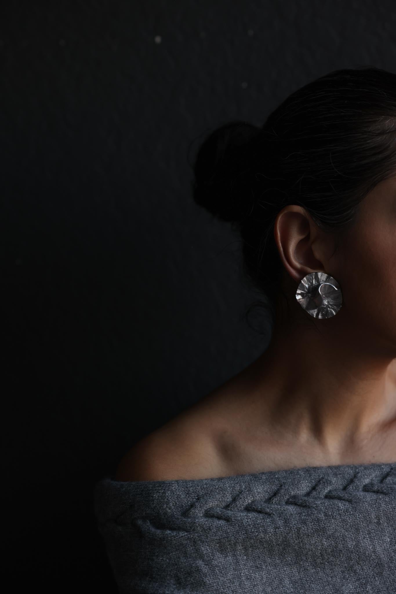 Melted Disc Silvertone Clip-On Earrings