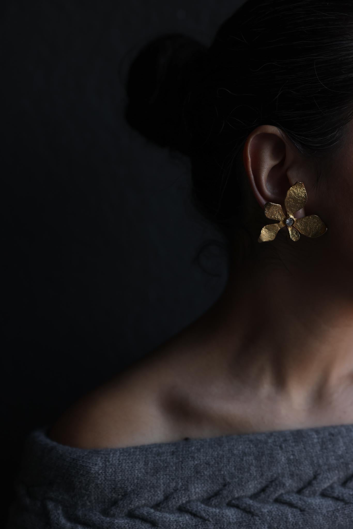 Brushed Gold Floral Clip-On Earrings with Rhinestone Center