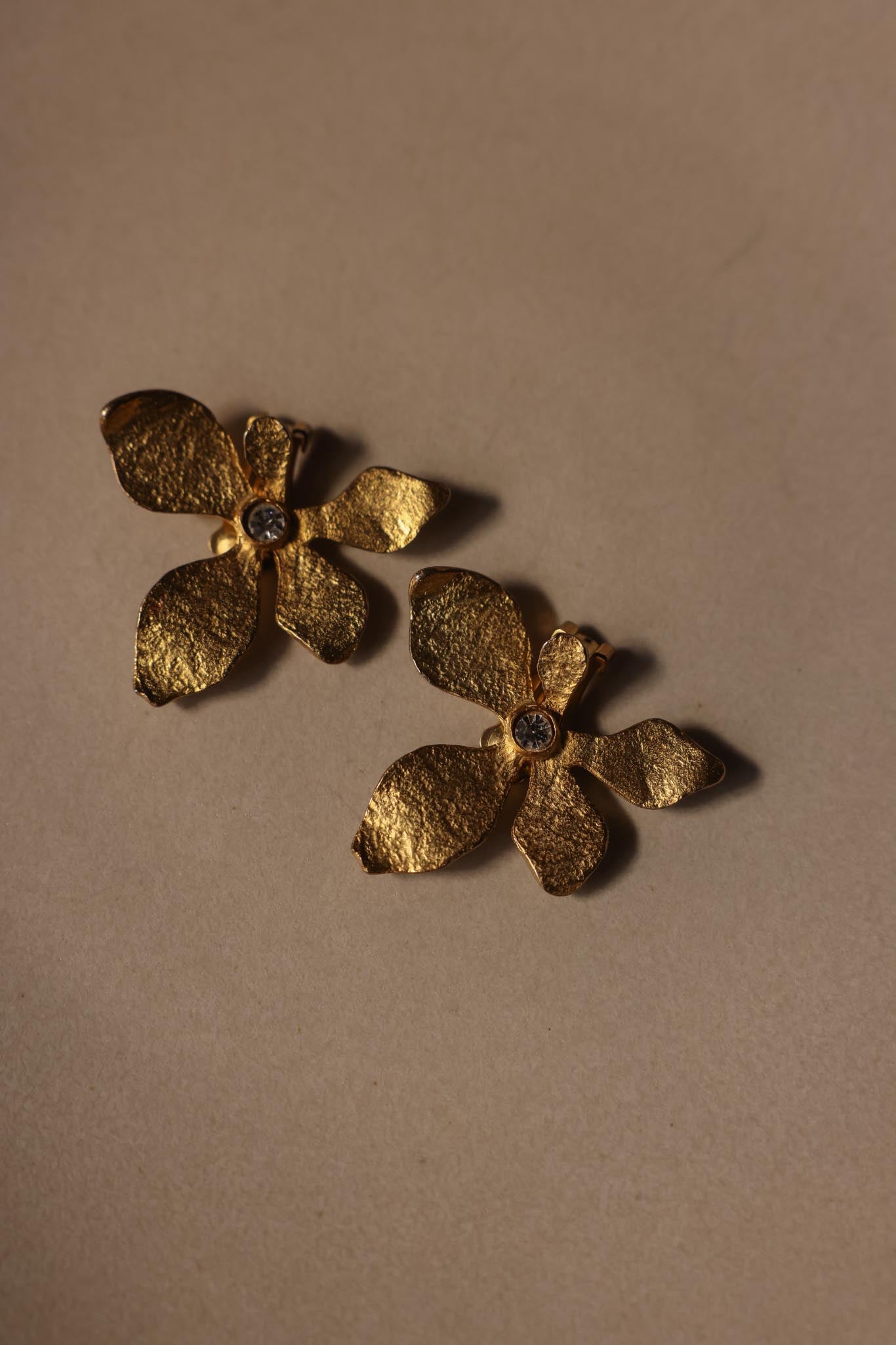 Brushed Gold Floral Clip-On Earrings with Rhinestone Center
