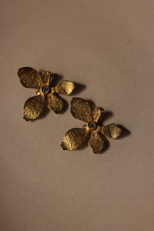 Brushed Gold Floral Clip-On Earrings with Rhinestone Center
