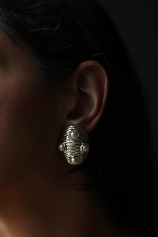 Silvertone Faux Pearl Oval Clip-On Earrings