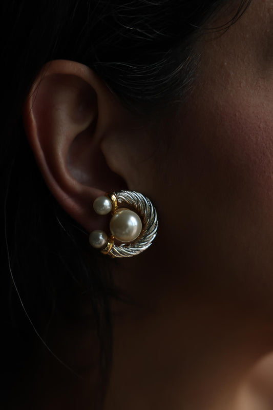Two-Tone Faux Pearl Swirl Clip-On Earrings