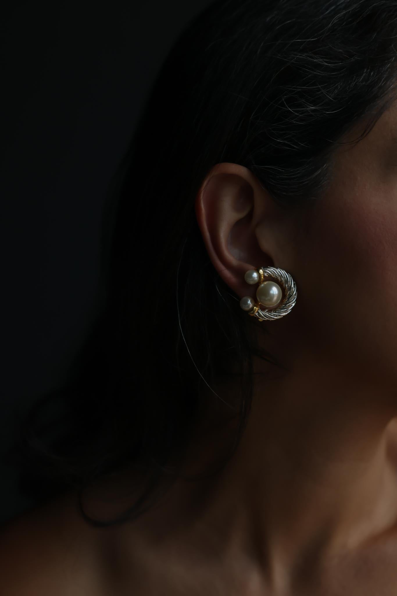 Two-Tone Faux Pearl Swirl Clip-On Earrings