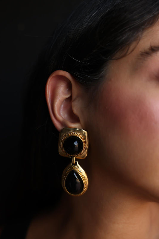Clip-On Earrings with Black Cabochons|Vintage Baazaar 