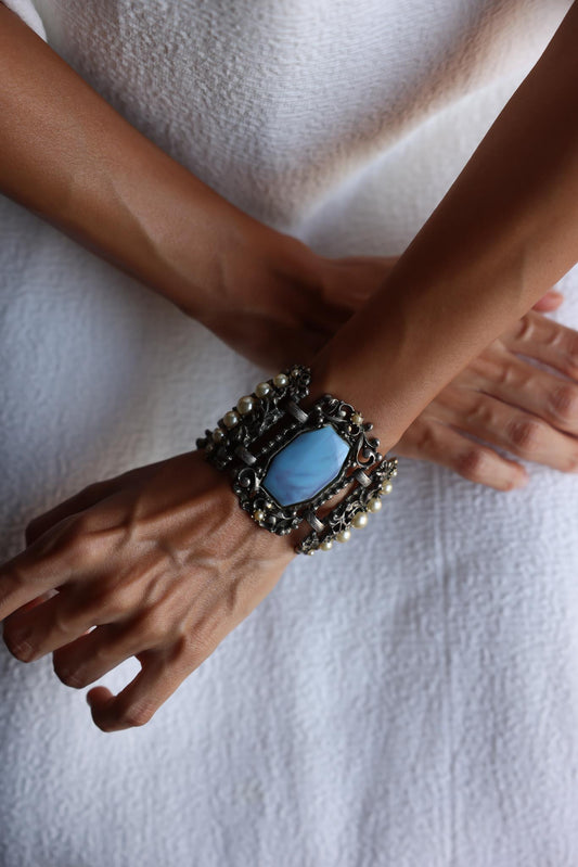 Ornate Silver Bracelet with Faux Pearls and Light Blue Cabochons