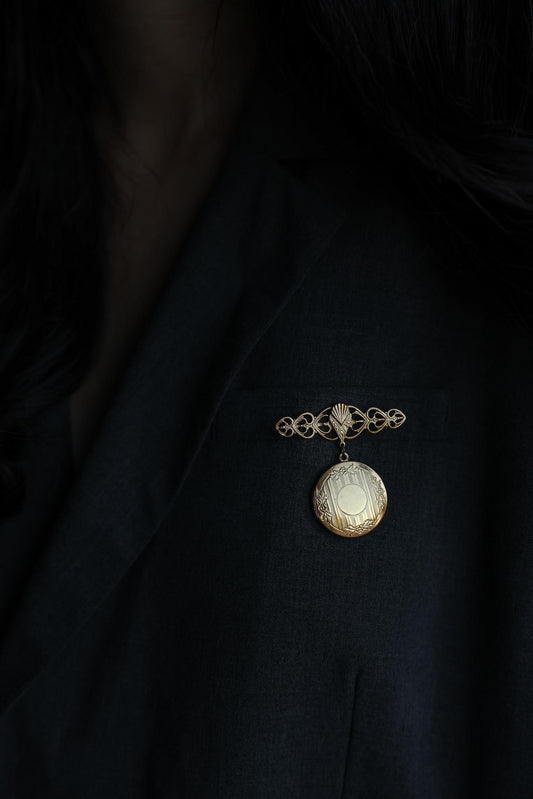 Gold Locket Brooch with Filigree Detail