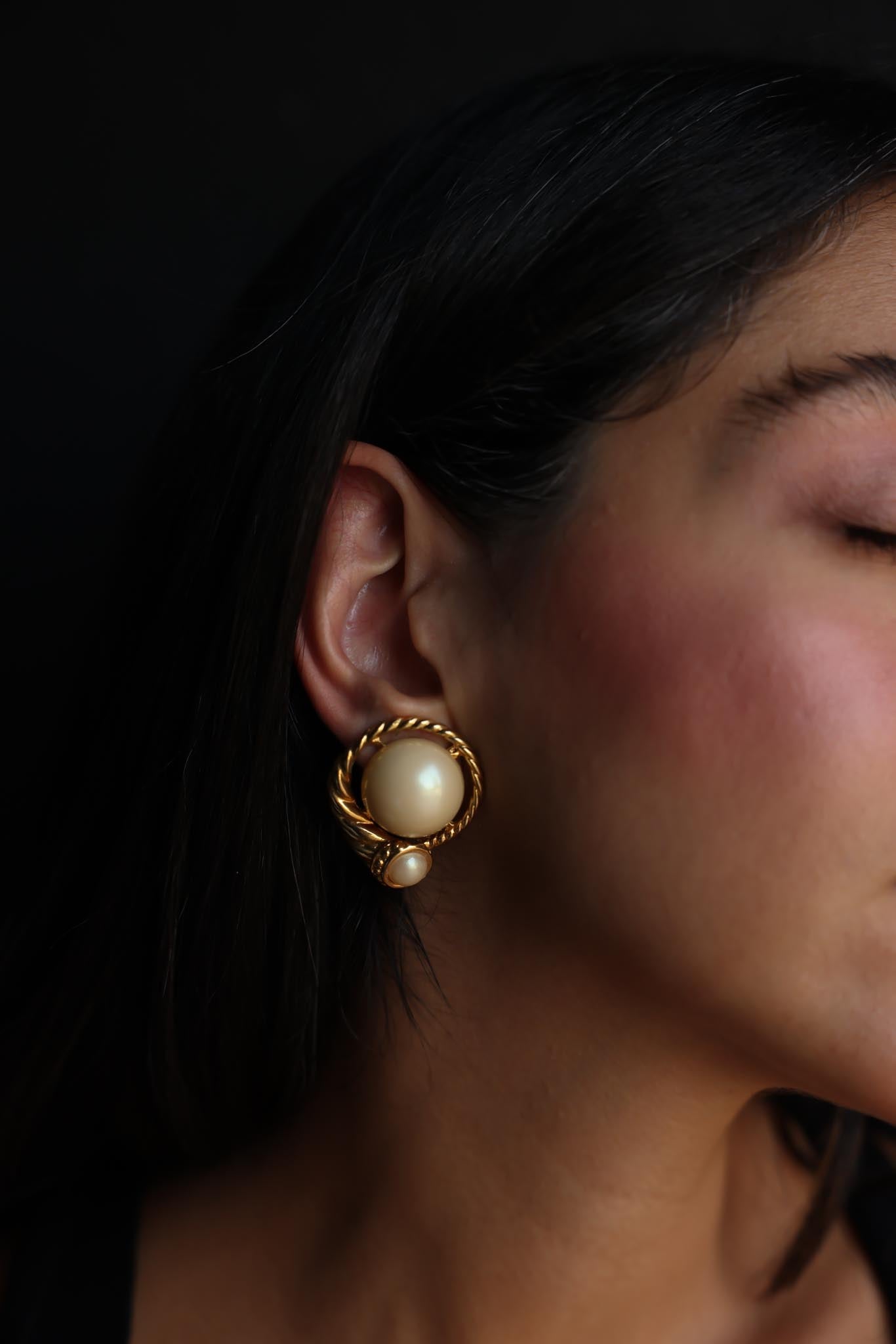 Clip-On Earrings with Faux Pearls and Twisted Gold-Tone Design|Vintage Baazaar 
