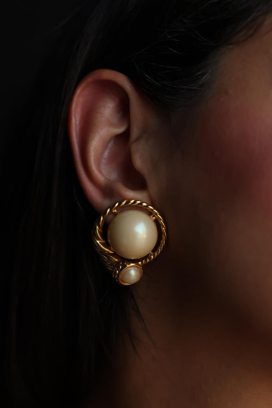 Clip-On Earrings with Faux Pearls and Twisted Gold-Tone Design|Vintage Baazaar 