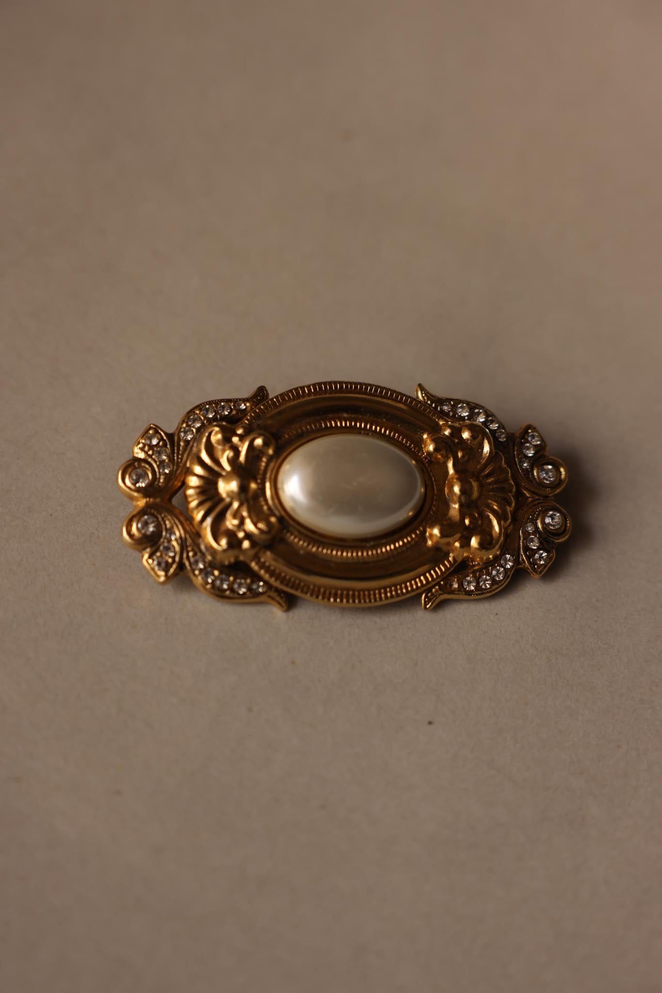 Gold-Toned Faux Pearl Brooch with Rhinestones|Vintage Baazaar 