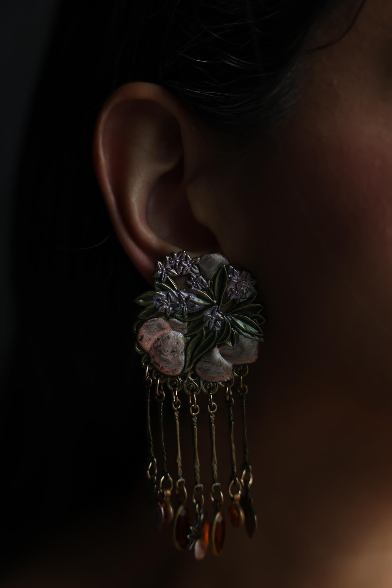 Hand-Painted Floral Dangle Clip-On Earrings