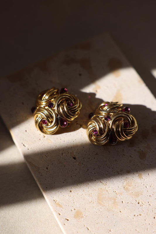 Gold and Purple Cabochon Clip-On Earrings