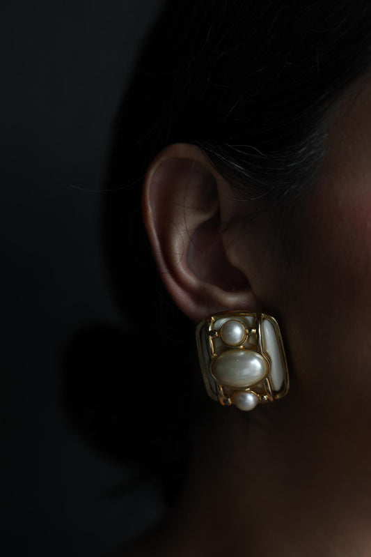 Gold-Tone Clip-On Earrings with white Enamel and Faux Pearls, 1980s